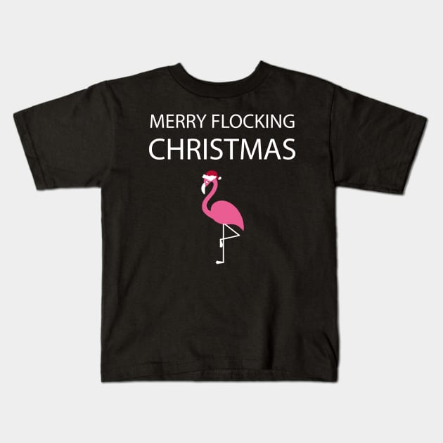 Merry Flocking Christmas Pink Flamingo Santa Hat Kids T-Shirt by JustPick